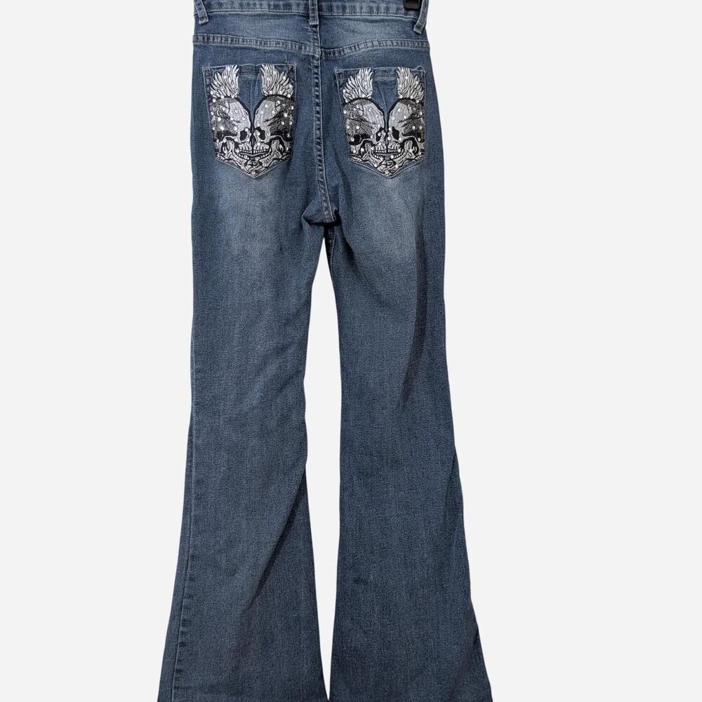 Y2K Style Grunge Blue Denim Flare Jeans With Skull And Wing Embroidery